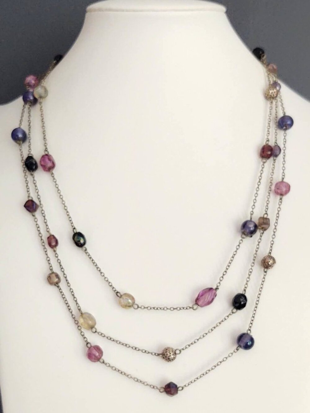 3 strand layered glass and silver accent necklace